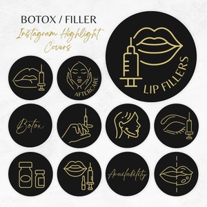 Könnte beinhalten: Satz von 10 schwarzen und goldenen Instagram-Highlight-Covern mit Symbolen, die mit Botox und Lippenfüllern zusammenhängen. Die Symbole umfassen Lippen, Spritzen, ein Gesicht mit einer Hand darauf und die Wörter "Botox", "Nachsorge", "Lippenfüller" und "Verfügbarkeit".