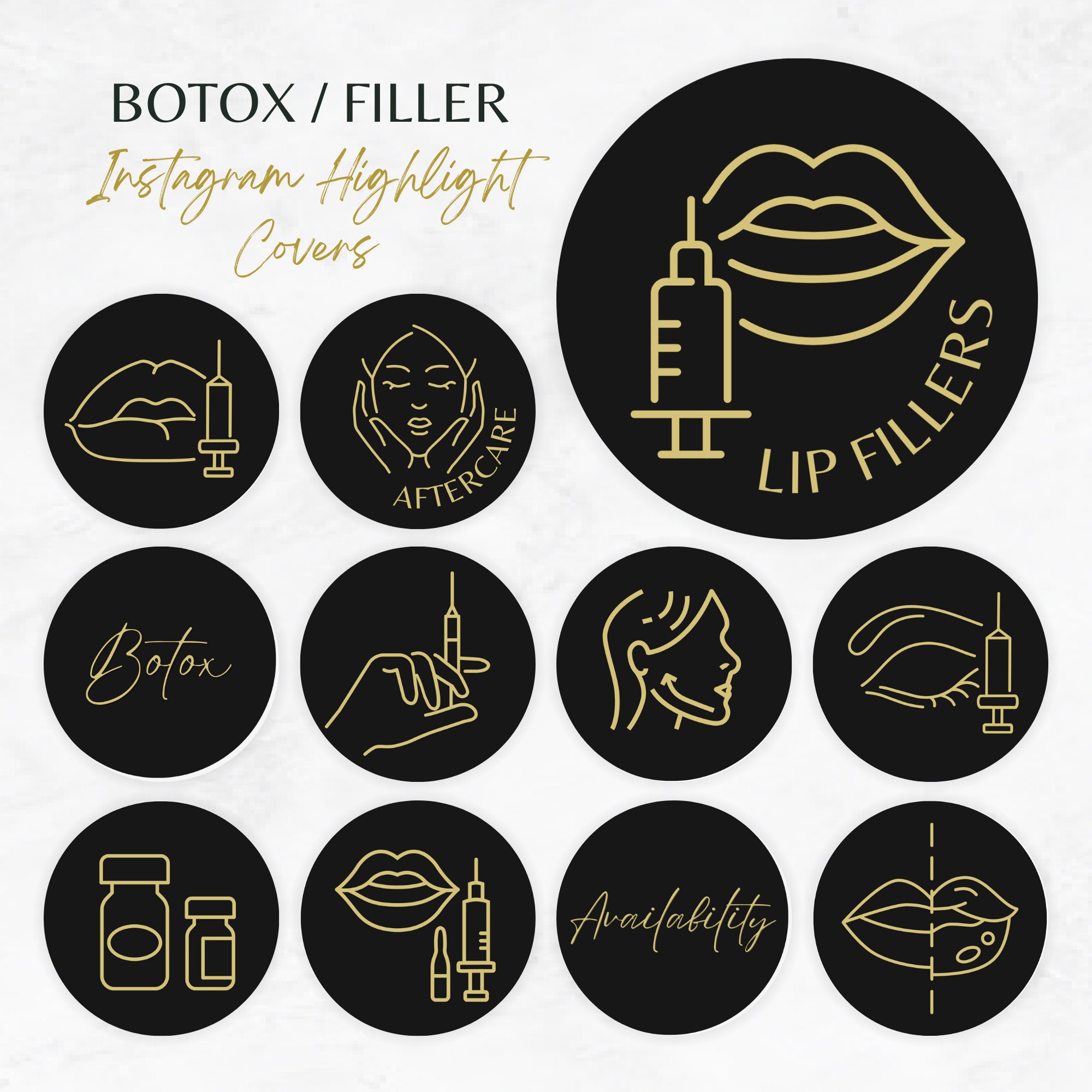 Botox und Filler Instagram Highlight Icons, Schwarz Gold Nurse Inchor Highlight Vorlage, Medspa Instagram Highlight Covers, Botox Highlight