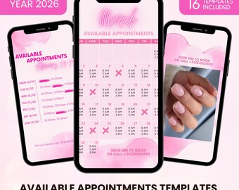 2026 Instagram Story Calendar Template: Neon Pink Appointments, Lash & Nail Tech (Digital Download)