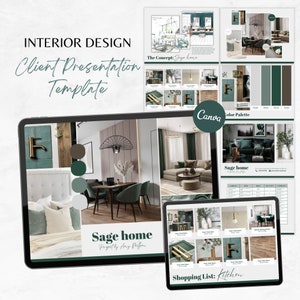 Plantilla de diseño de interiores, plantilla de presentación de diseño de interiores, plantilla de paquete de bienvenida para clientes, diseño virtual de interiores, panel de estado de ánimo de interiores