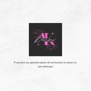 May include: A black square with a pink logo that says "AK Designs" with a stylized "A" and "K" surrounded by floral designs.