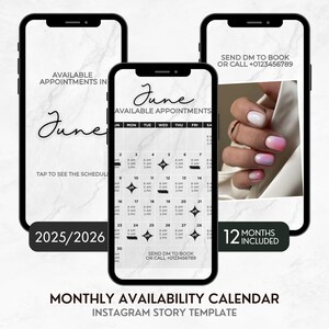 Monthly Appointments Calendar, White Marble Availability Calendar, Instagram Story Calendar Template, Nail Tech Booking Calender, Lash Tech