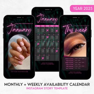 Lash Tech Instagram Calendar Template, Monthly Availability Calendar Tropical, Lash Appointments Weekly Available, Calendar Bundle Nail Tech