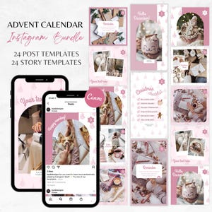 Christmas Instagram Bundle Pink, Instagram Template Advent Calendar, Christmas Post and Story Templates, Holiday Instagram Marketing Bundle