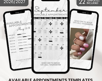 May include: Three smartphone screens displaying digital appointment templates with a white marble background. The templates feature text such as 2026/2027, 22 TEMPLATES INCLUDED, AVAILABLE APPOINTMENTS, September, and a calendar grid with time slots.
