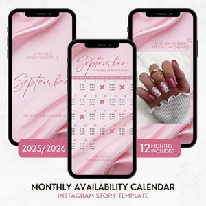 Instagram Story Calendar 2025, Available Appointments Template Pink Silk, Nail Tech Calendar, Lash Appointment Calendar, Monthly Booking IG