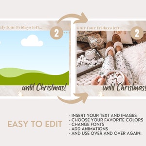 May include: A digital template for social media featuring two square frames with the text Only four Fridays left... until Christmas! and a number 2 in a circle. The design includes placeholders for images, editable text, and customizable color options.