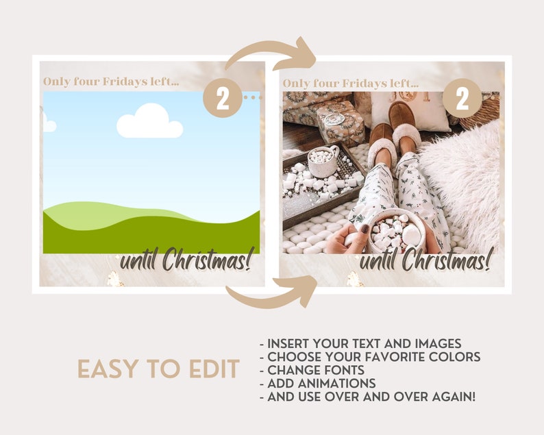 May include: A digital template for social media featuring two square frames with the text Only four Fridays left... until Christmas! and a number 2 in a circle. The design includes placeholders for images, editable text, and customizable color options.