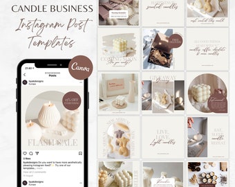 Op de afbeelding: Een verzameling Instagram-posttemplates voor een kaarsenbedrijf. De templates tonen verschillende kaarsen in verschillende vormen en maten, met tekstoverlays die verkopen, weggeefacties en nieuwe aankomsten promoten. De templates zijn ontworpen in een minimalistische stijl met een neutraal kleurenpalet.
