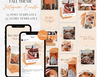 Peut inclure: Un ensemble de 15 modèles de publication et d'histoire Instagram sur le thème de l'automne. Les modèles présentent des images de citrouilles, de feuillage d'automne, de café et de vêtements. Le texte "Fall Theme Instagram Bundle" est en haut de l'image. Le texte "15 Post Templates" et "15 Story Templates" se trouve sous le titre. Le texte "Your Text Here" apparaît dans plusieurs des modèles.