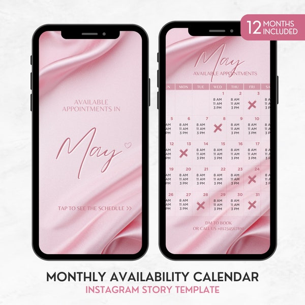 Instagram Story Kalender, Vorlage für verfügbare Termine Pink Silk, Nail Tech Kalender, Lash Terminkalender, Monatlicher Buchungskalender