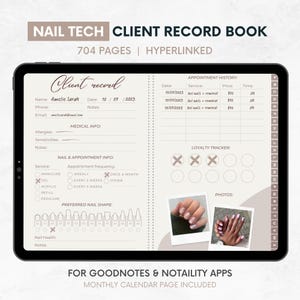 Peut inclure: Une tablette numérique affichant un modèle de carnet de rendez-vous pour les techniciennes en ongles. Le modèle comprend des sections pour les informations sur les clients, l'historique des rendez-vous, les informations sur les ongles et les rendez-vous, la forme d'ongle préférée, le suivi de la fidélité et les photos. Le modèle est conçu pour être utilisé avec les applications Goodnotes et Notability.