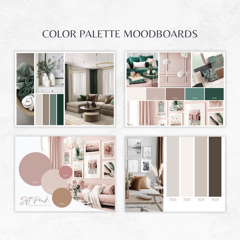 May include: A mood board with four different color palettes. The first palette is green, brown, and white. The second palette is pink, green, and white. The third palette is pink, brown, and white. The fourth palette is white, brown, and gray.