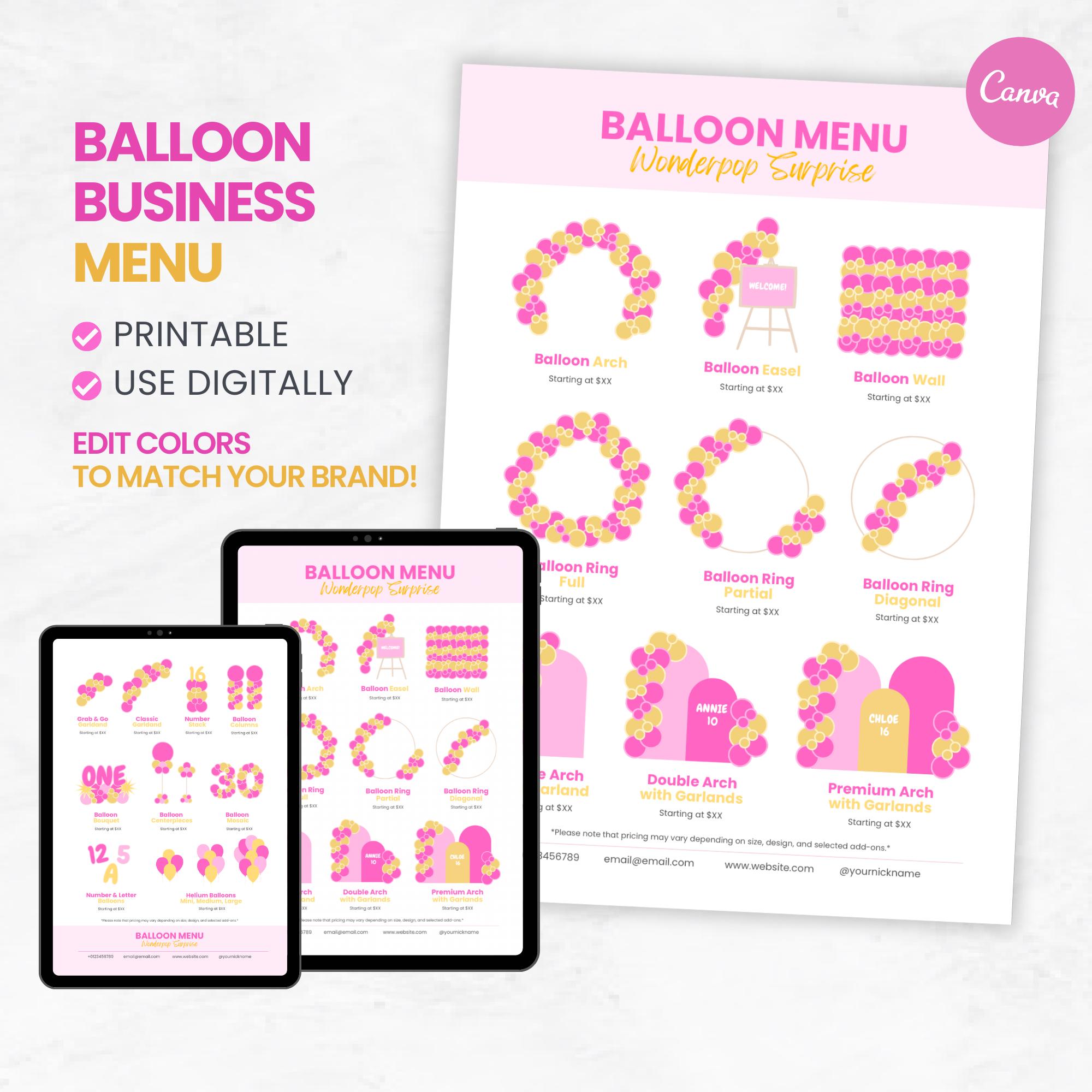 Custom Balloon Menu Editable Balloon Menu Mockup Template, Party Decor Price List, Balloon ...