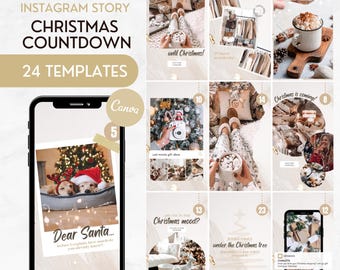 May include: A set of 24 Instagram story templates for a Christmas countdown, featuring various layouts with festive imagery, including hot cocoa, holiday decorations, gift wrapping, and dogs wearing Santa hats, all designed for Canva.