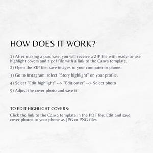 Op de afbeelding: Een witte achtergrond met zwarte tekst die uitlegt hoe je een digitaal product gebruikt. De tekst legt uit hoe je een ZIP-bestand downloadt en gebruikt dat Instagram-highlight-covers bevat. De tekst legt ook uit hoe je de covers bewerkt met een Canva-sjabloon.