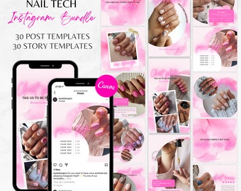 May include: A digital marketing bundle for nail technicians, featuring 30 Instagram post templates and 30 story templates. The design is predominantly pink with nail art examples and phone mockups. Text includes "Nail Tech Instagram Bundle".