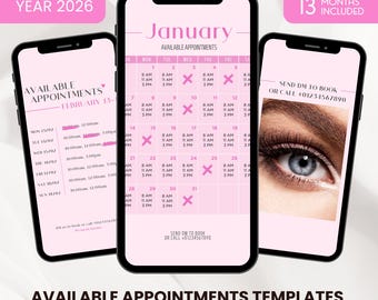 2026 Pink Lash Tech Calendar: Monthly Availability Instagram Story Template, Available Appointments (Digital Download)