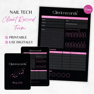 Modello di cartella clinica per unghie, modulo di ammissione clienti digitale, modello di cartella clinica Black Sparkle, note per clienti di Nail Tech, modulo per unghie Goodnotes