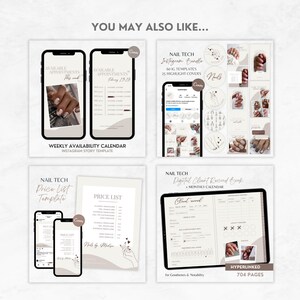 May include: A digital product bundle for nail technicians, including a weekly availability calendar Instagram story template, a price list template, and a digital client record book with a monthly calendar. The templates feature a minimalist aesthetic with a neutral color palette of beige, brown, and white.