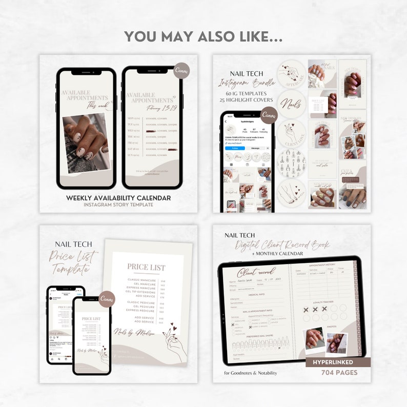 May include: A digital product bundle for nail technicians, including a weekly availability calendar Instagram story template, a price list template, and a digital client record book with a monthly calendar. The templates feature a minimalist aesthetic with a neutral color palette of beige, brown, and white.