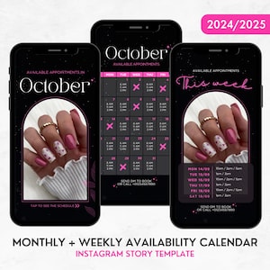 Availability Calendar Bundle Black Pink, Weekly Availability Template Instagram, Instagram Story Booking Calendar, Available Appointments IG