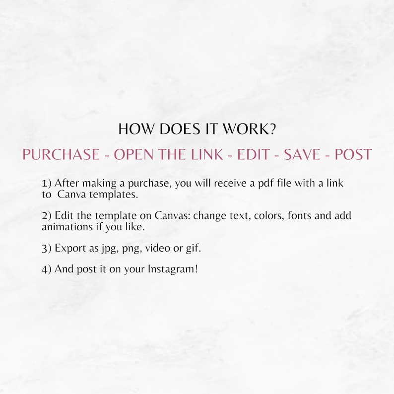 May include: A graphic with instructions on how to use a template. The text reads "HOW DOES IT WORK? PURCHASE - OPEN THE LINK - EDIT - SAVE - POST." Steps include receiving a PDF, editing on Canva, exporting as JPG, PNG, video, or GIF, and posting on Instagram.