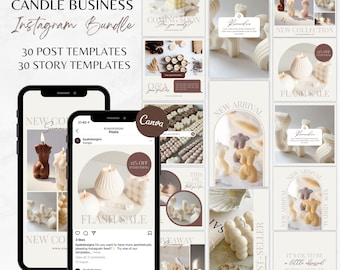 Op de afbeelding: Een verzameling Instagram-post- en story-sjablonen voor een kaarsenbedrijf. De sjablonen bevatten verschillende ontwerpen met kaarsen in verschillende vormen en kleuren, waaronder een kaars in de vorm van een naakt figuur, een kaars met een textuur en een kaars met een geometrisch ontwerp. De sjablonen bevatten ook tekstoverlays zoals "Nieuwe collectie", "Flitsverkoop" en "Bestseller".