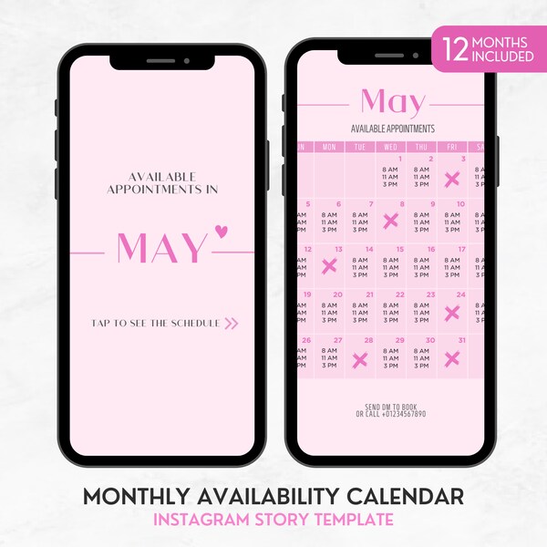 Lash Tech Calendar, Digital Lash Tech Booking, Monthly Availability Calendar, Instagram Story Template, Pink Appointments Calendar Template