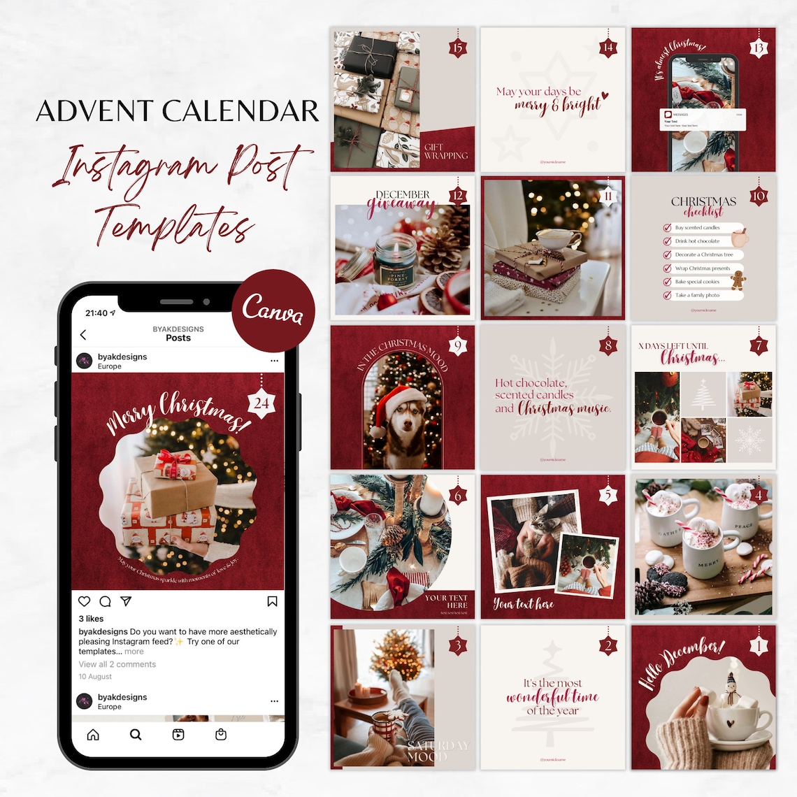 Christmas Instagram Post Templates, Advent Calendar Instagram Feed
