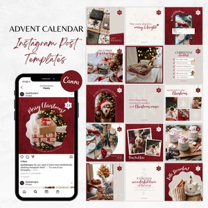 Christmas Instagram Post Templates, Advent Calendar Instagram Feed, Holiday Instagram Canva Template, Christmas Template Advent Calendar Red
