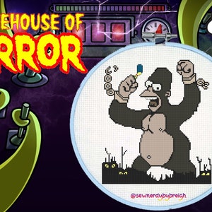 May include: A cross-stitch pattern featuring a cartoon ape from the Simpsons' "Treehouse of Horror" episode. The ape is wearing a chain and holding a paintbrush. The pattern is in a white circle with a black background. The text "PDF Pattern Only" is in a white cloud with a pink donut.
