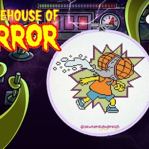 Puede incluir: Un patrón de punto de cruz de un personaje de dibujos animados con un gran casco naranja, soplando una corriente de burbujas. El patrón está en un aro de bordado blanco, con un fondo morado. El texto "TREEHOUSE OF HORROR" está en la esquina superior izquierda de la imagen, y el texto "PDF PATTERN ONLY" está en la esquina superior derecha de la imagen.