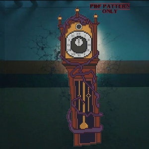 May include: A brown grandfather clock with a white face and black hands. The clock is surrounded by a purple vine-like pattern.