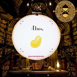 May include: A white embroidery hoop with the text "Alas," and a yellow jelly bean in the center. The hoop is hanging in a library setting with bookshelves in the background.