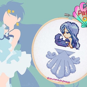 Könnte beinhalten: Ein Kreuzstichmuster eines Anime-Charakters mit blauen Haaren in einer Muschel, mit dem Text "PDF Pattern Only" in einer rosa Muschel.