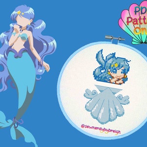 Blue Mermaid - PDF Cross Stitch Pattern, Anime Cross Stitch Pattern, Mermaid Cross Stitch Pattern, Kawaii Cross Stitch Pattern, DMC, PDF