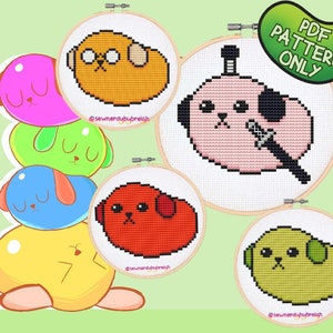 May include: Five cross-stitch patterns of cartoon dogs in different colors and poses. The patterns are in embroidery hoops and are ready to be stitched. The text "PDF PATTERN ONLY" is in a green speech bubble.