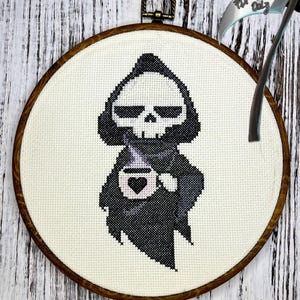 Overworked  - Video Game PDF Cross Stitch Pattern, Creepy Cute Cross Stitch, Grim Reaper Cross Stitch, PDF, DMC