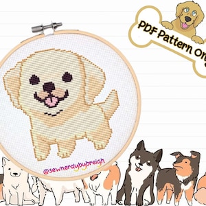 May include: A cross-stitch pattern of a cute, cartoon golden retriever puppy in a hoop. The pattern is available as a PDF download only. The text "PDF Pattern Only" is written on a bone-shaped graphic.