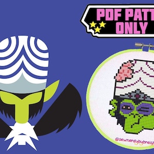 May include: A digital cross-stitch pattern featuring a cartoon character with a green face, white turban, and purple eyes. The image includes a cross-stitch hoop with the character's face and the text "PDF PATTERN ONLY".