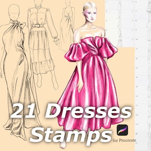 May include: 21 Dresses Stamps for Procreate. A set of digital stamps featuring various dress designs in black and white and color. The stamps are designed for use in the Procreate app.