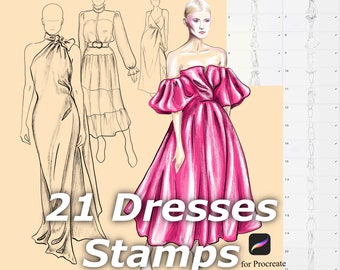 Procreate Dresses Stamp Brushes, clothes fashion design stamps. Stamp set fashion figure templates clothing brush Procreate