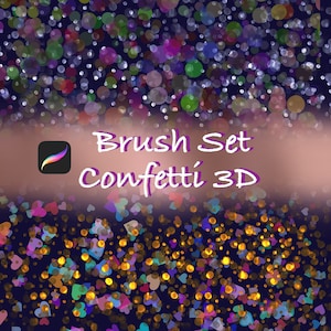 May include: Digital art image of a brush set with a confetti 3D theme. The background is a gradient of dark blue and brown, with colorful confetti shapes scattered throughout. The text "Brush Set Confetti 3D" is displayed in white and purple.