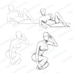 May include: Four black and white line drawings of a person in different poses. The drawings are simple and show the basic form of the human body.