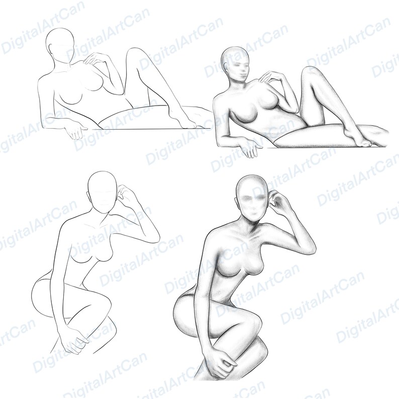 May include: Four black and white line drawings of a person in different poses. The drawings are simple and show the basic form of the human body.