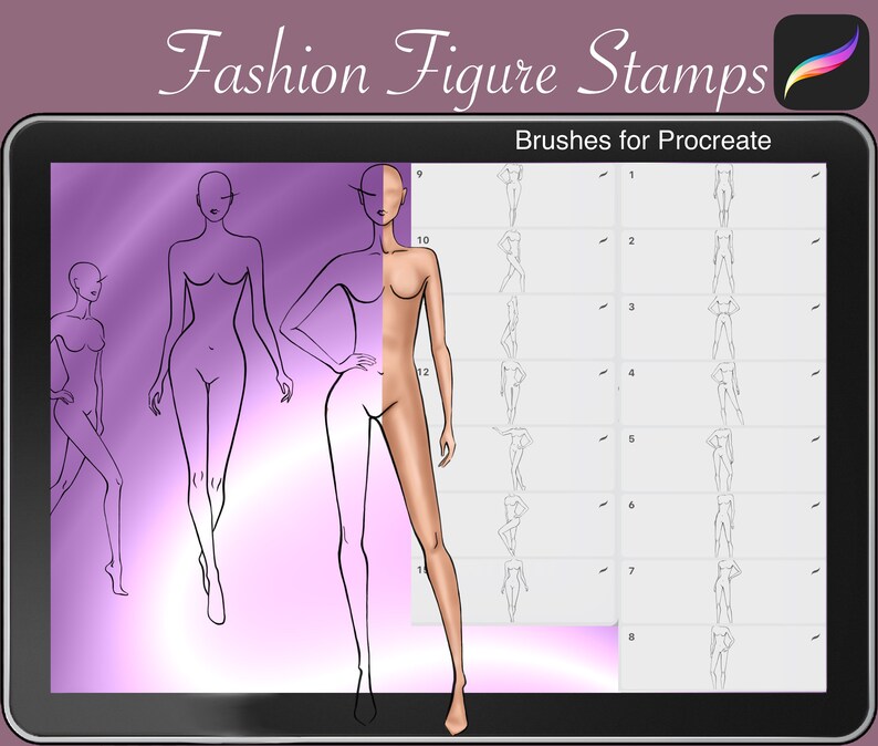 K&ouml;nnte beinhalten: Eine digitale Illustration von Mode-Figuren-Stempeln f&uuml;r Procreate. Das Bild zeigt einen Tablet-Bildschirm mit einem violetten Hintergrund. Die linke Seite des Bildschirms zeigt drei Mode-Figuren in verschiedenen Posen. Die rechte Seite des Bildschirms zeigt acht Mode-Figuren in verschiedenen Posen, die von 1 bis 8 nummeriert sind. Der Text "Fashion Figure Stamps" und "Brushes for Procreate" ist auf dem Bildschirm sichtbar.