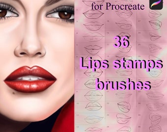 May include: A set of 36 digital lip stamps for Procreate, featuring a variety of lip shapes and styles. The stamps are designed to be used for digital art and illustration.