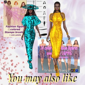 K&ouml;nnte beinhalten: Eine digitale Illustration von zwei Modefiguren, die farbenfrohe Kleider tragen. Die Figur links tr&auml;gt ein t&uuml;rkisfarbenes Kleid und die Figur rechts ein goldenes Kleid. Das Bild enth&auml;lt den Text "Fashion figure colored Stamps brush + color palette" und "24 color items / 24 PNG  six poses for hand fashion drawing or AI/PS". Sie k&ouml;nnten auch m&ouml;gen.