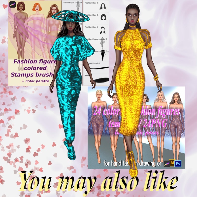 K&ouml;nnte beinhalten: Eine digitale Illustration von zwei Modefiguren, die farbenfrohe Kleider tragen. Die Figur links tr&auml;gt ein t&uuml;rkisfarbenes Kleid und die Figur rechts ein goldenes Kleid. Das Bild enth&auml;lt den Text "Fashion figure colored Stamps brush + color palette" und "24 color items / 24 PNG  six poses for hand fashion drawing or AI/PS". Sie k&ouml;nnten auch m&ouml;gen.
